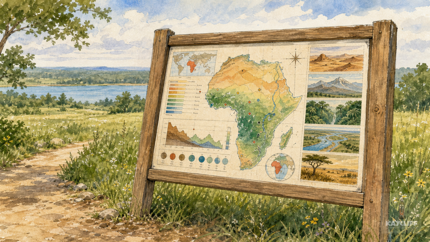 Concept art showing a Kaycliff Atlas Trail interpretive station beside an outdoor walking path.
